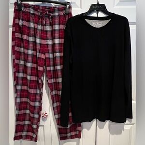 2 Pc PJ Set -Eddie Bauer Black Long Sleeve Top & Red Plaid Pajama Pants